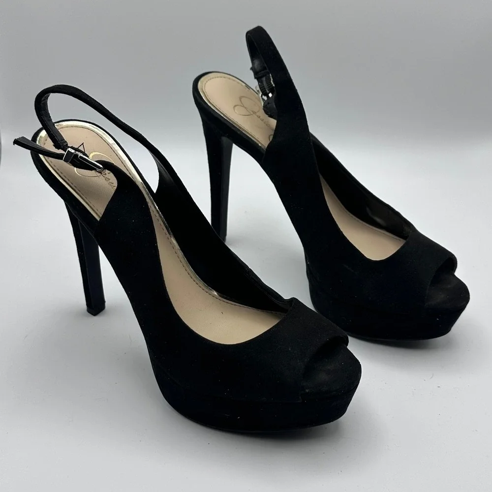 Jessica Simpson Womens Black Suede‎ Platform Slingback Peep Toe Heells